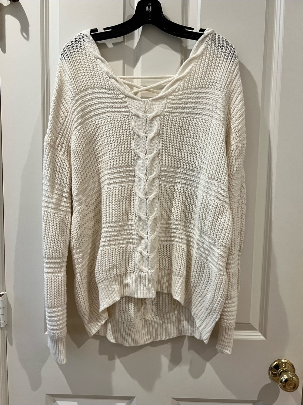 No Boundaries Cream Cable-Front V-Neck Hooded Sweater
